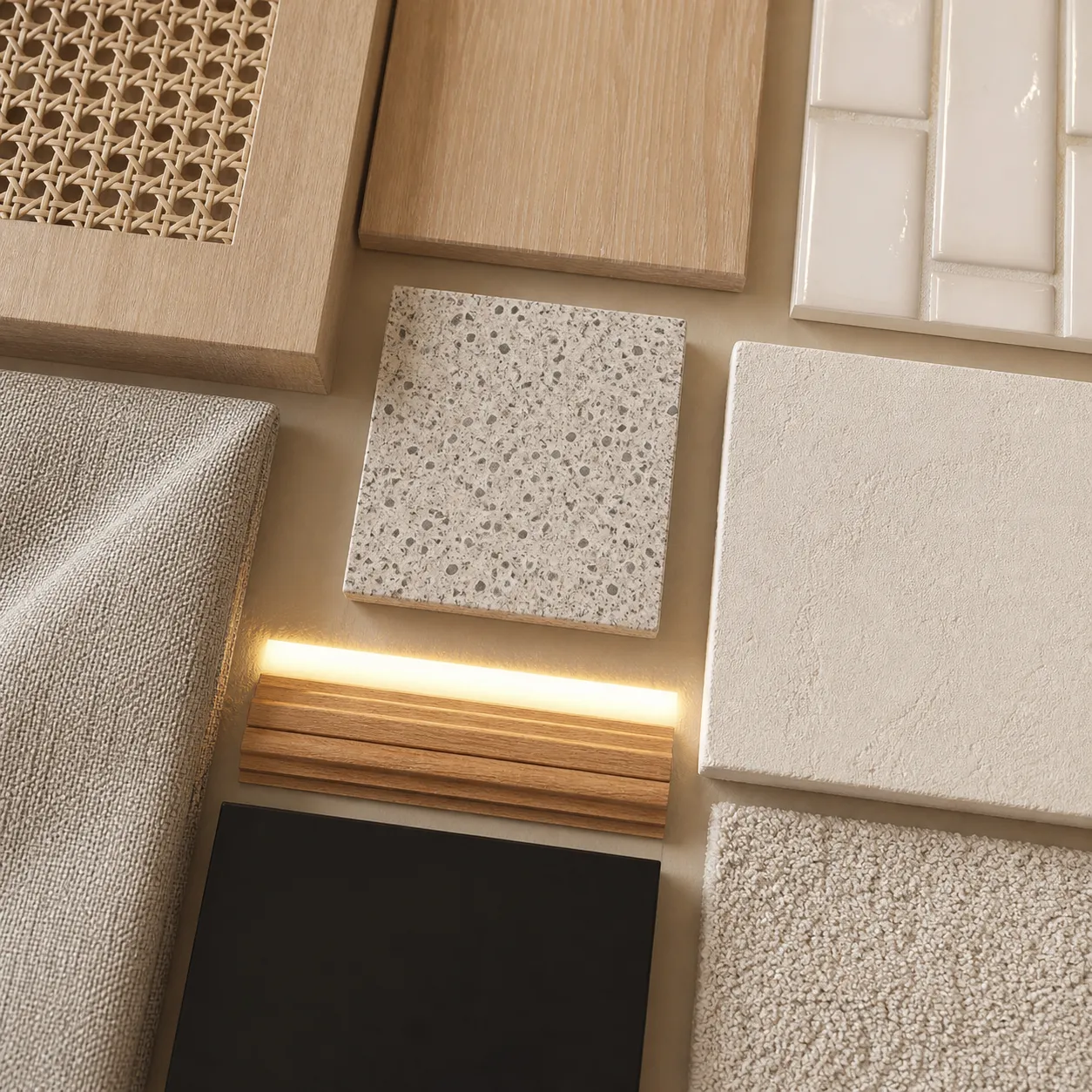 HAVN interior material palette: rattan, oak, terrazzo, lime plaster and linen